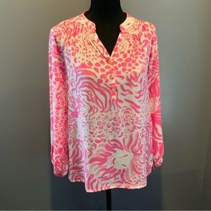 Lilly Pultizer PINK LION PATTERN Silk Blouse Top